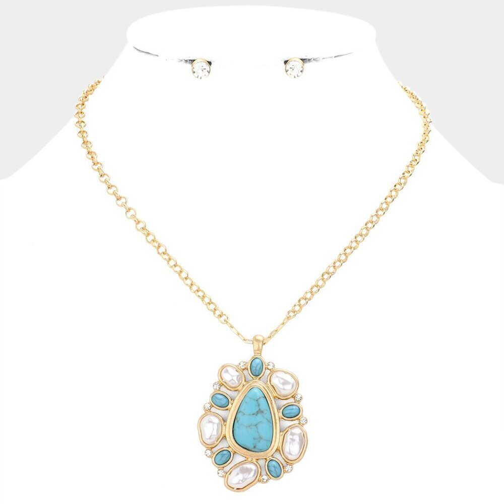 NEW Boho Turquoise Pearl Abstract Stone Embellished Pendant Necklace Set